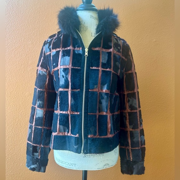 Nicola Berti Animal Fur Patch Work Jacket With Fur Collar Medium EUC! - Picture 2 of 10